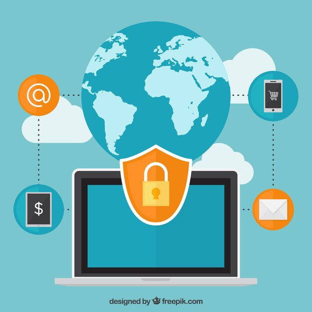 Fondo de seguridad con mapa del mundo y portátil