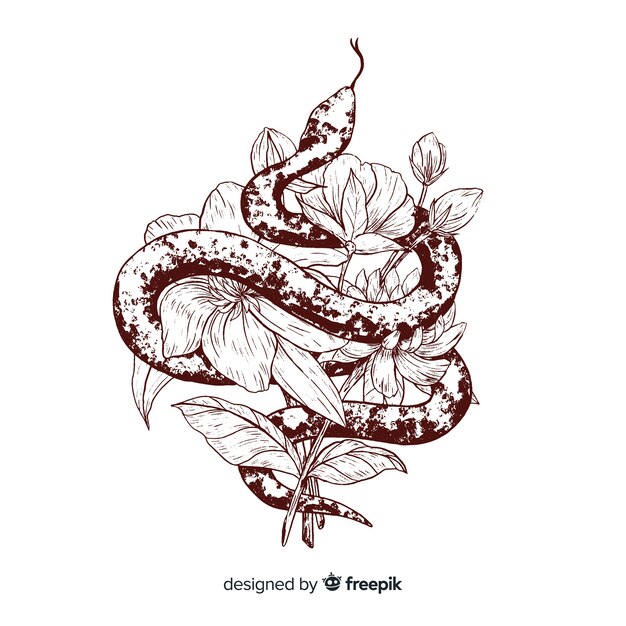 Fondo serpiente sin color con flores dibujada a mano