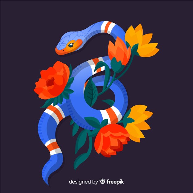 Fondo serpiente colorida con flores dibujada a mano