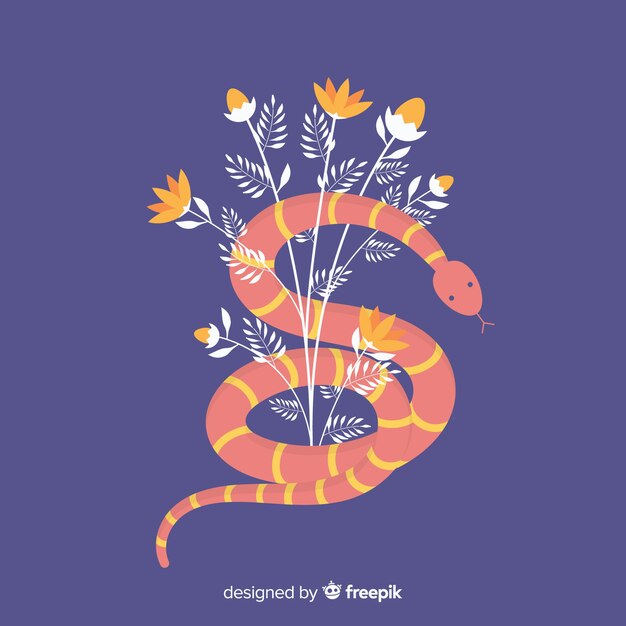 Fondo serpiente enroscada en flores plana