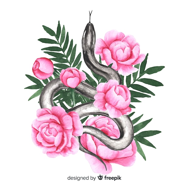 Fondo de serpiente con flores en acuarela