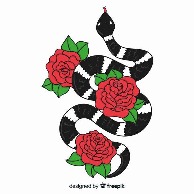 Fondo serpiente con flores dibujada a mano