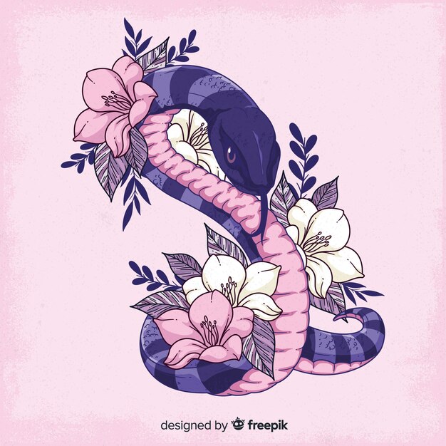 Fondo serpiente con flores dibujada a mano