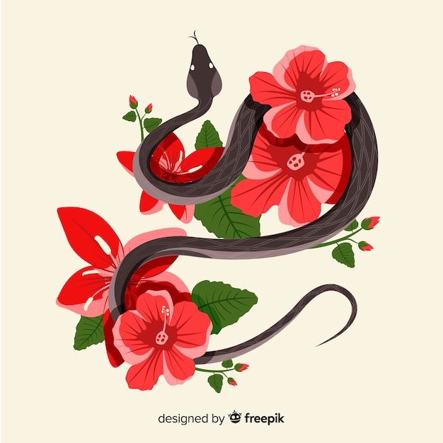 Fondo serpiente con flores dibujada a mano