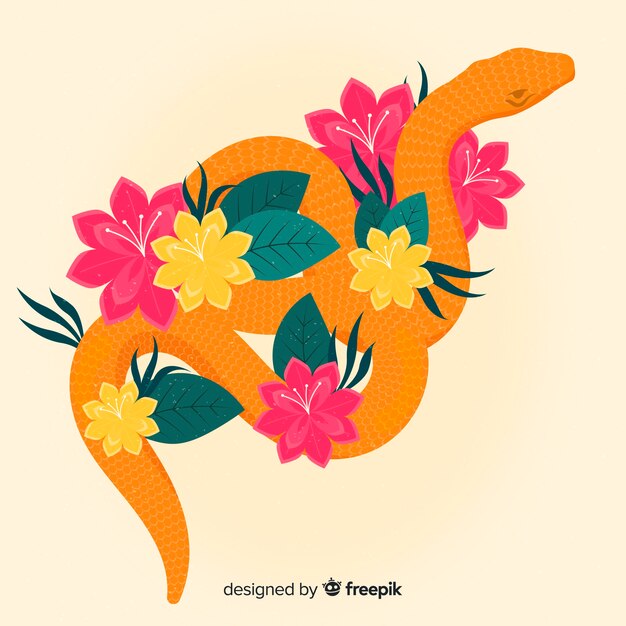 Fondo serpiente con flores dibujada a mano