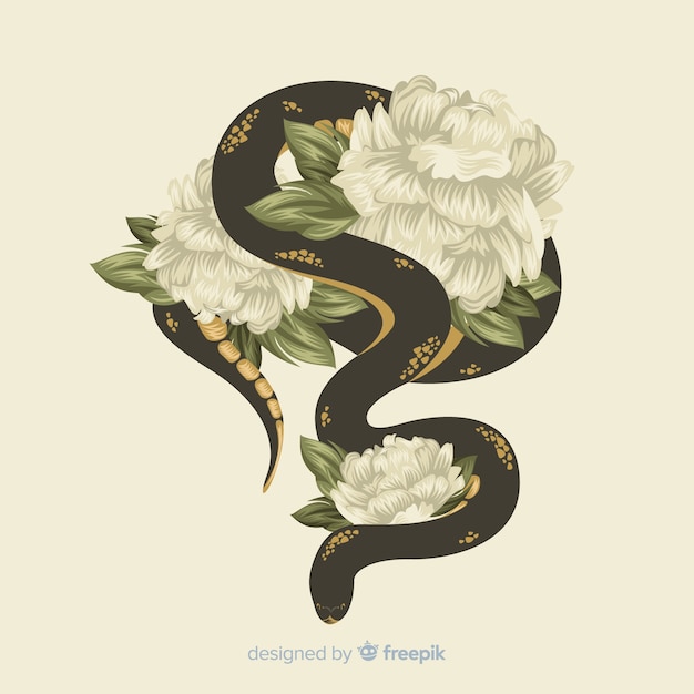 Fondo serpiente con flores dibujada a mano