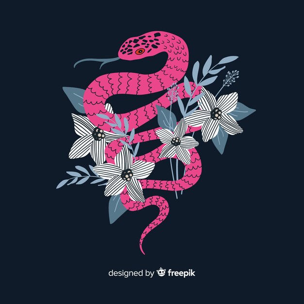 Fondo serpiente con flores dibujada a mano