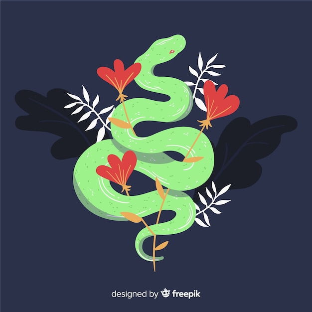 Fondo serpiente con flores dibujada a mano