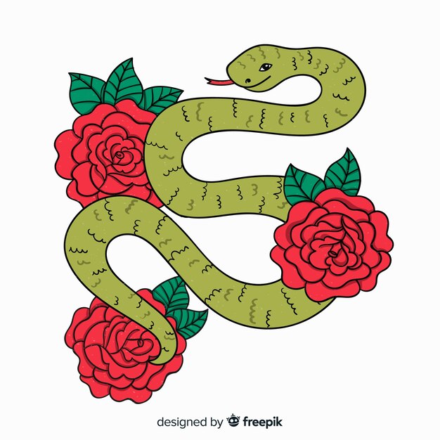Fondo serpiente con flores dibujado a mano