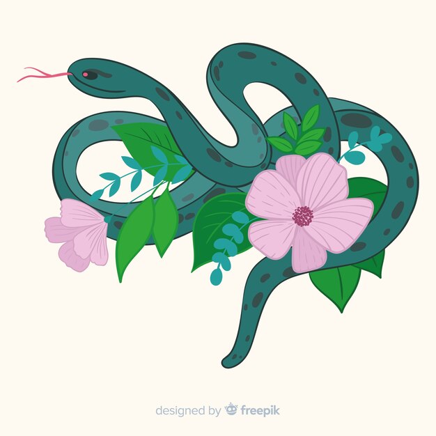 Fondo serpiente con flores dibujado a mano