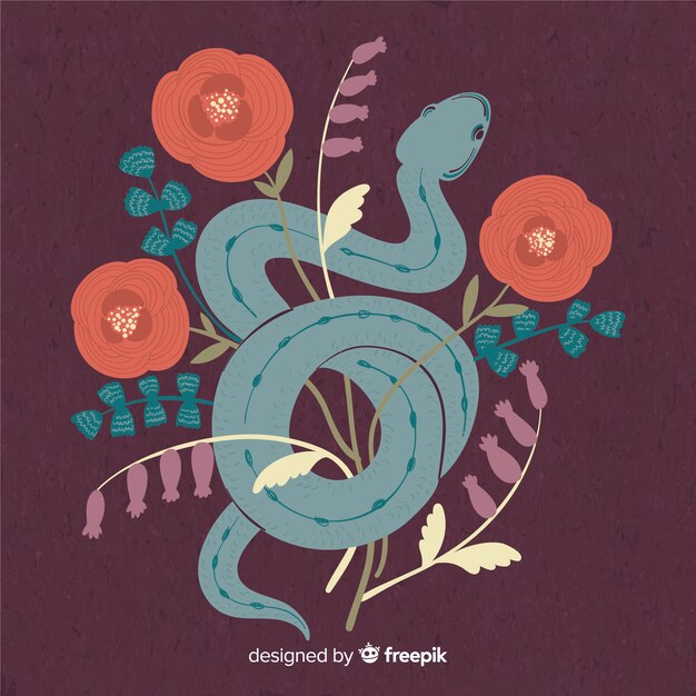 Fondo de serpiente con flores dibujado a mano