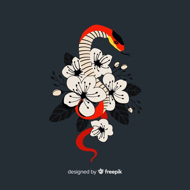 Fondo de serpiente con flores dibujado a mano