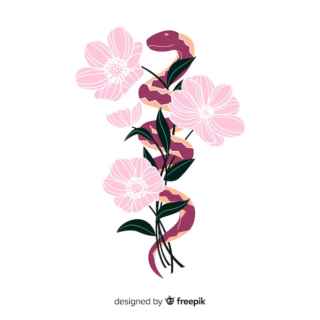 Vector gratuito fondo de serpiente con flores dibujado a mano