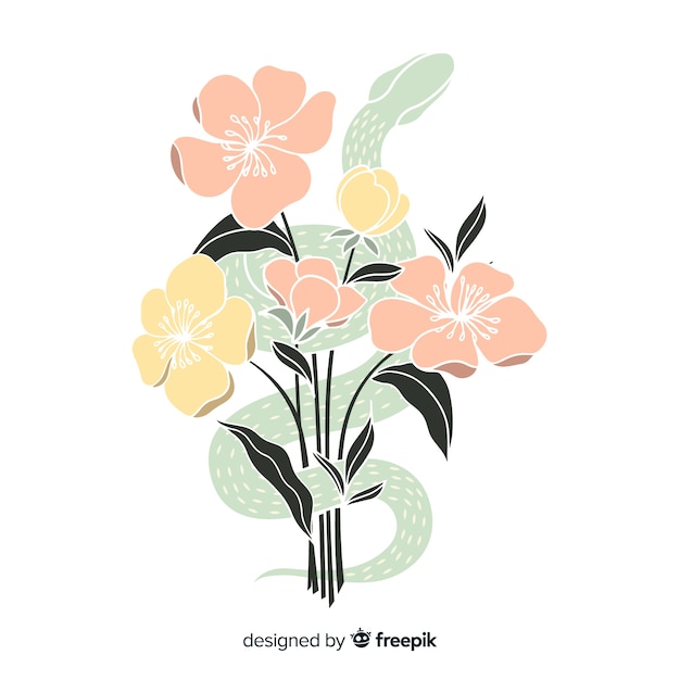 Vector gratuito fondo de serpiente con flores dibujado a mano