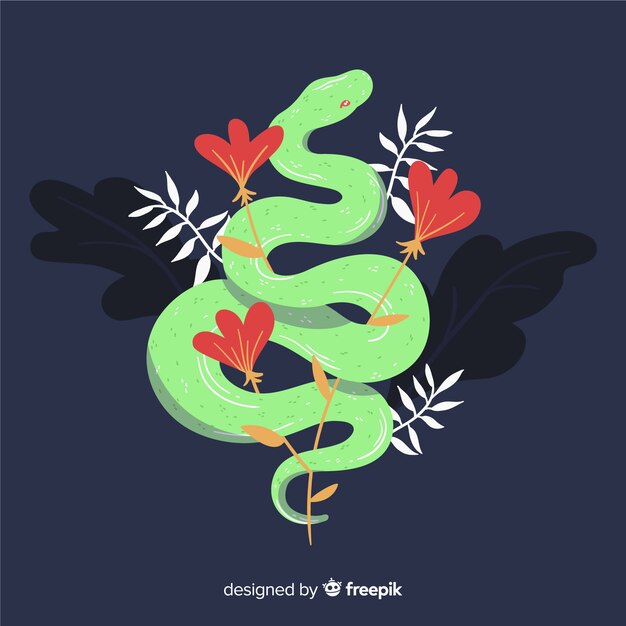 Fondo de serpiente con flores dibujado a mano