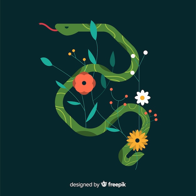 Fondo serpiente con flores plana