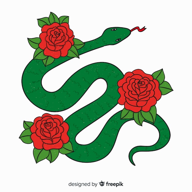 Fondo serpiente con rosas dibujada a mano
