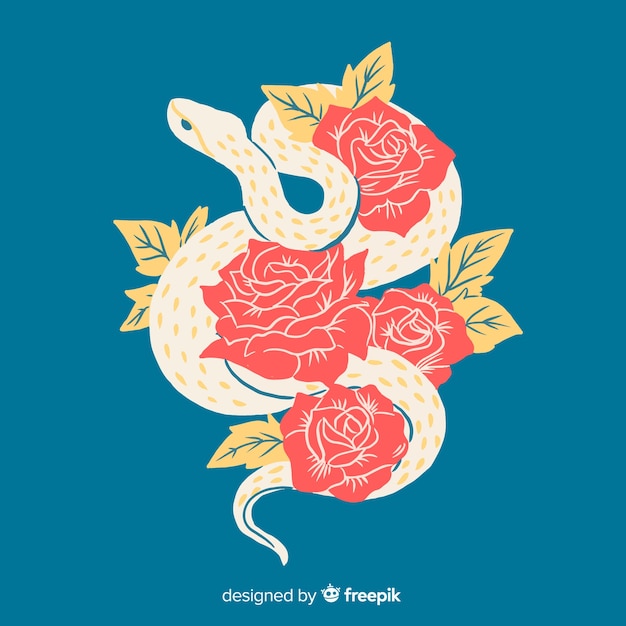 Fondo serpiente con rosas dibujada a mano