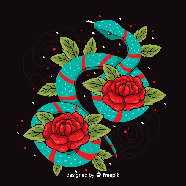Fondo serpiente con rosas dibujada a mano