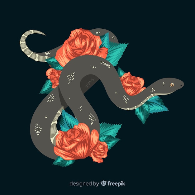Fondo serpiente con rosas dibujada a mano