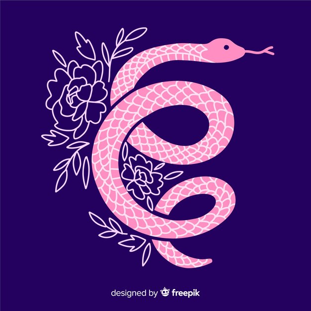 Fondo serpiente siseando con flores dibujada a mano