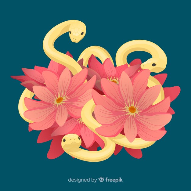 Fondo serpientes con flores tropicales dibujada a mano