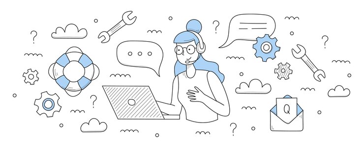 Vector gratuito fondo de servicio de ayuda y soporte al cliente ilustración de garabato vectorial del centro de llamadas y línea directa con operador de niña en el mensaje de la computadora portátil del auricular con salvavidas de preguntas y engranajes
