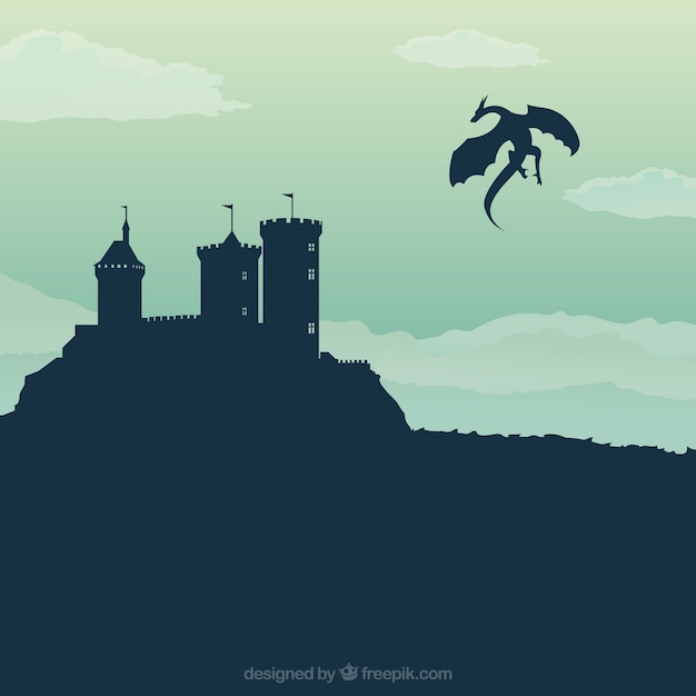 Fondo de silueta de castillo con dragón volando