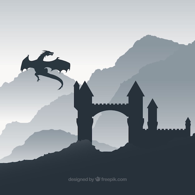 Vector gratuito fondo de silueta de castillo con dragón volando