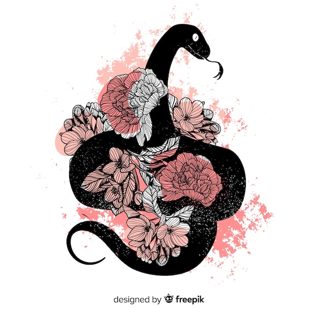 Fondo silueta de serpiente con flores dibujada a mano