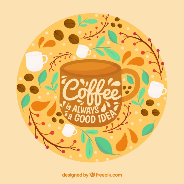 Fondo de silueta de taza de café con lettering