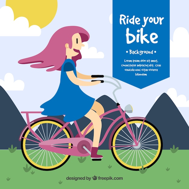 Vector gratuito fondo de simpática chica con bicicleta en diseño plano