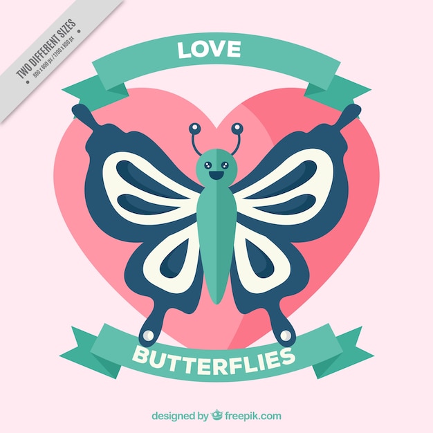 Vector gratuito fondo de simpática mariposa con un corazón en diseño plano