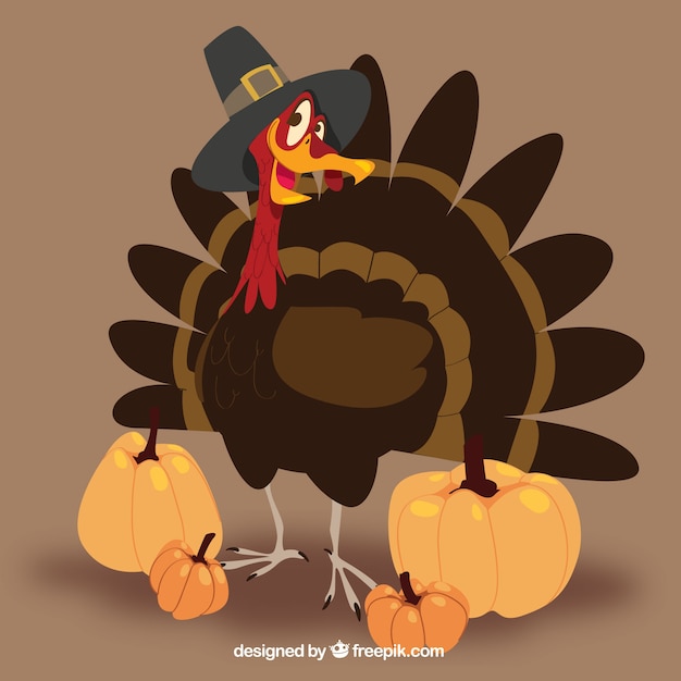 Vector gratuito fondo de simpático pavo de acción de gracias con calabazas