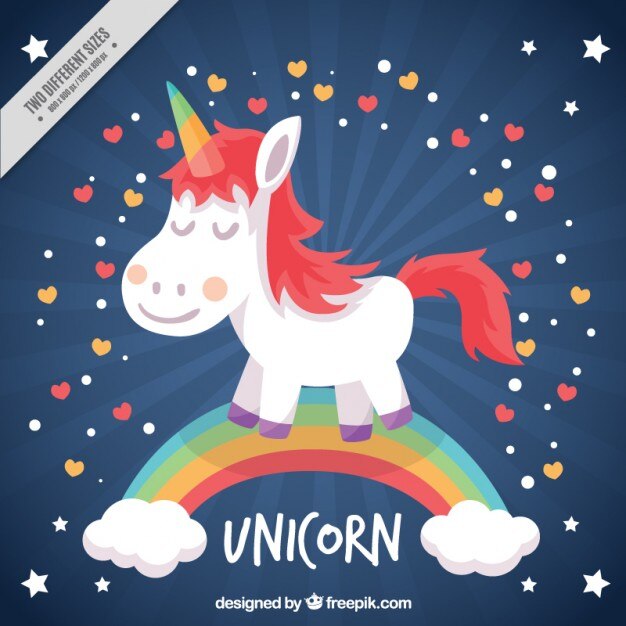 Fondo de simpático pequeño unicornio en el arcoiris