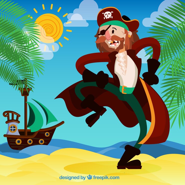 Vector gratuito fondo de simpático personaje pirata en la isla