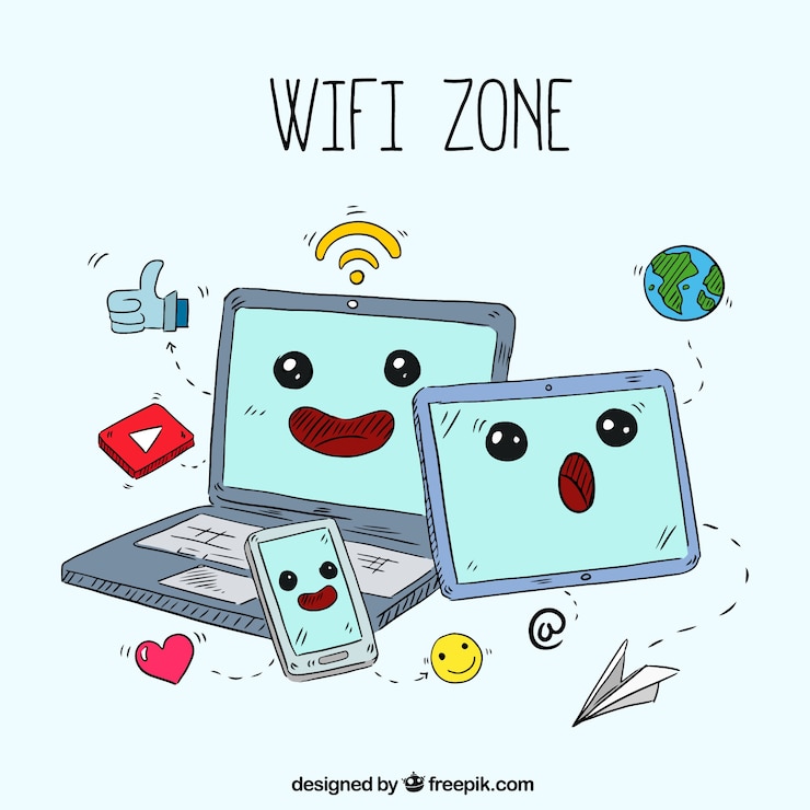 Vector gratuito fondo de simpáticos dispositivos con wifi dibujados a mano 