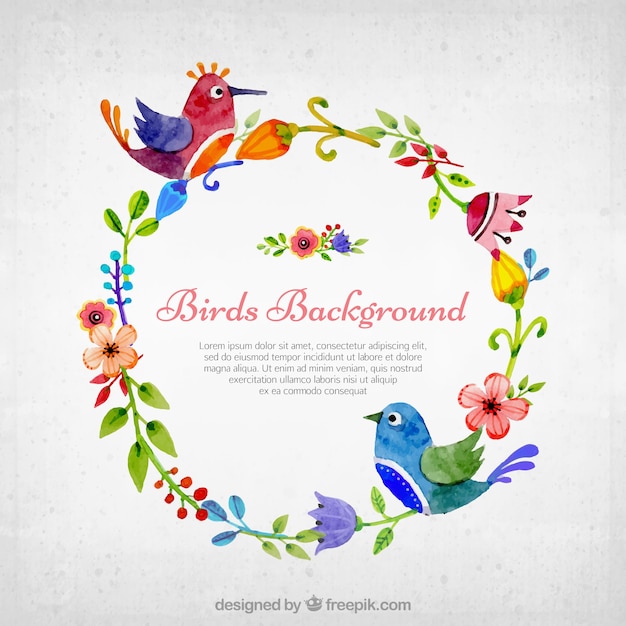 Fondo de simpáticos pájaros de acuarela en corona floral 