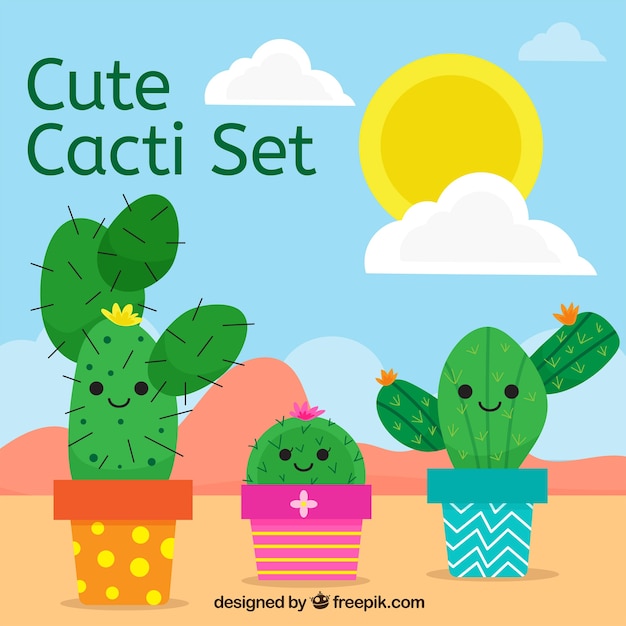 Vector gratuito fondo de simpáticos personajes de cactus en diseño plano