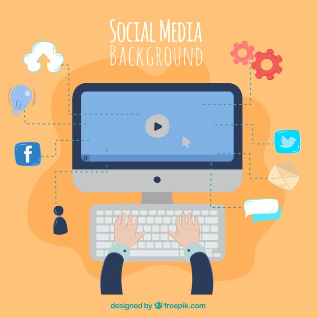 Fondo de social media con ordenador e iconos