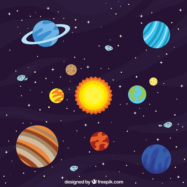 Fondo de sol y otros planetas en diseño plano 