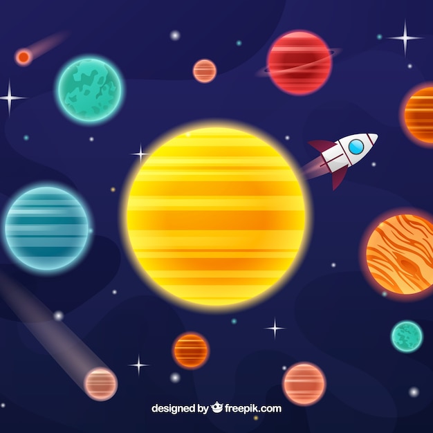 Vector gratuito fondo de sol con planetas alrededor y cohete