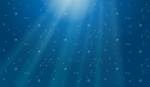 Fondo submarino con burbujas de agua y rayos de luz submarinos
