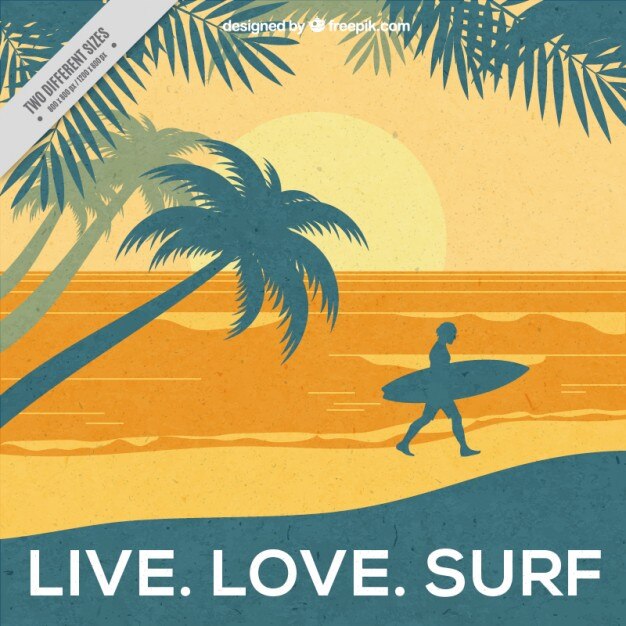 Fondo de surf de atardecer en la playa con palabras inspiradoras 