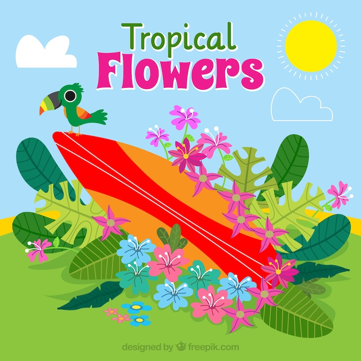 Vector gratuito fondo de tabla de surf con flores dibujadas a mano