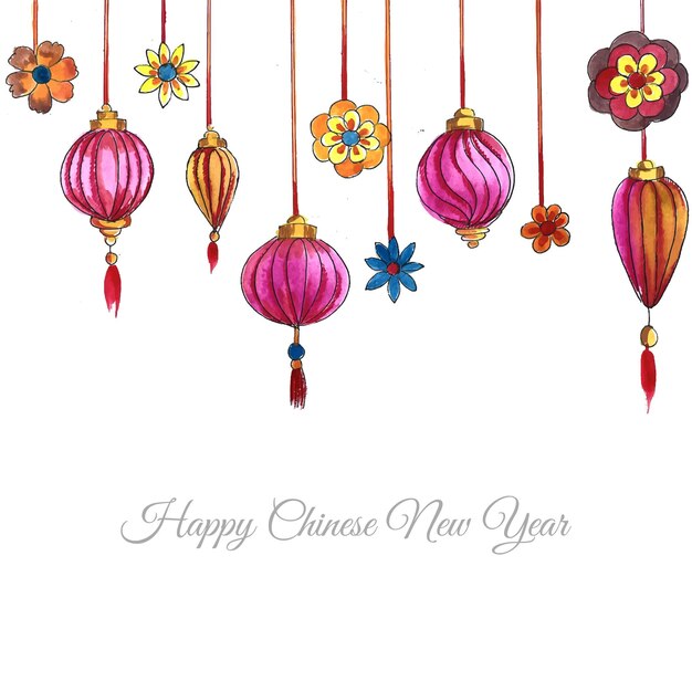 Fondo de tarjeta de año nuevo de linternas chinas decorativas dibujadas a mano