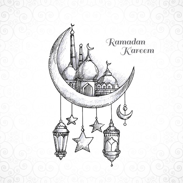 Fondo de tarjeta de bosquejo de luna y mezquita islámica de ramadan kareem