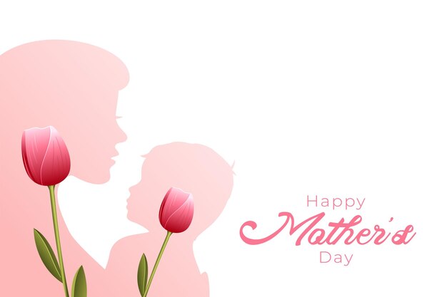 Fondo de tarjeta de celebración del día de la madre de mamá y niño con flores de tulipán