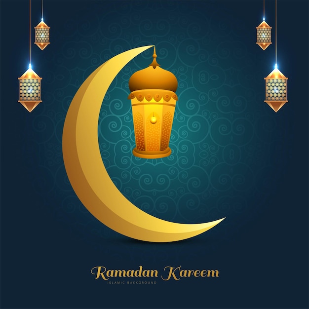 Fondo de tarjeta colorida de luna y lámparas islámicas de ramadan kareem