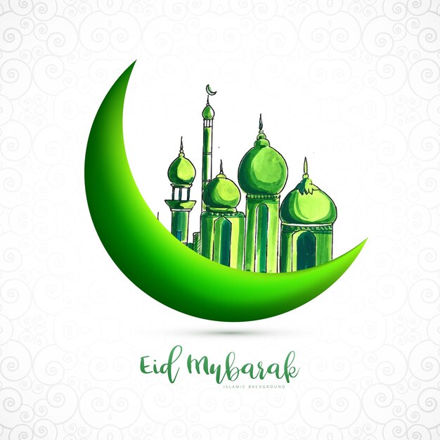 Fondo de tarjeta de felicitación de luna y mezquita islámica de Eid Mubarak